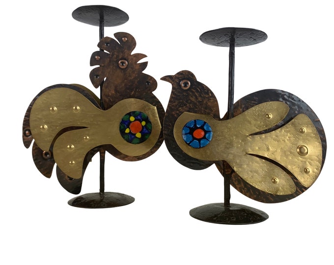 Pair of 1970s candle holders - Rooster and Songbird - Enamel/Brass/Bronze