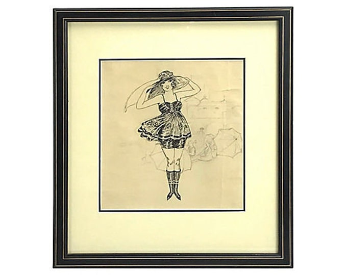 1920s Framed Bathing Beauty Original Art