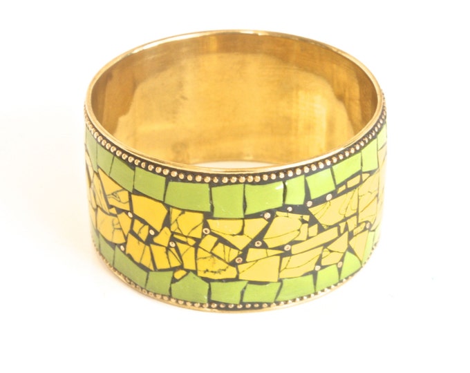 Golden Vintage Bohemian Picassiette Bracelet - Brass Mosaic - Boho Hippie - Green Yellow