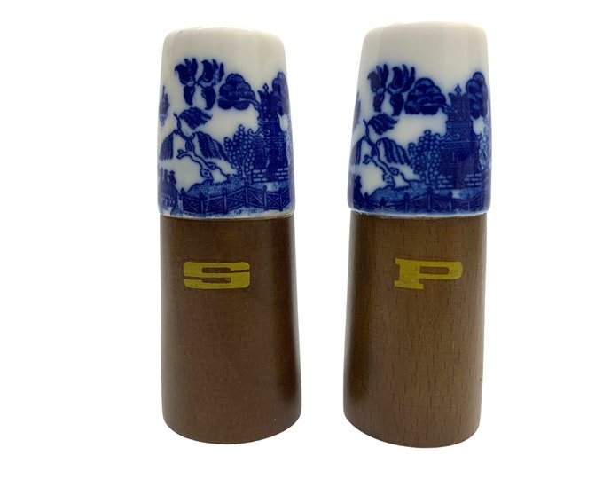 Blue Willow Salt and Pepper Shakers - Porcelain & Walnut Mid-Century Modern