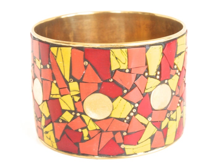 Golden Vintage Bohemian Picassiette Bracelet - Brass Mosaic - Boho Hippie - Red Melon Yellow