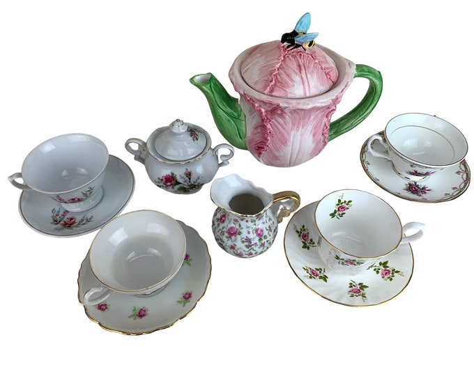 Mismatched Vintage Floral Pink Tea Party Set for 4