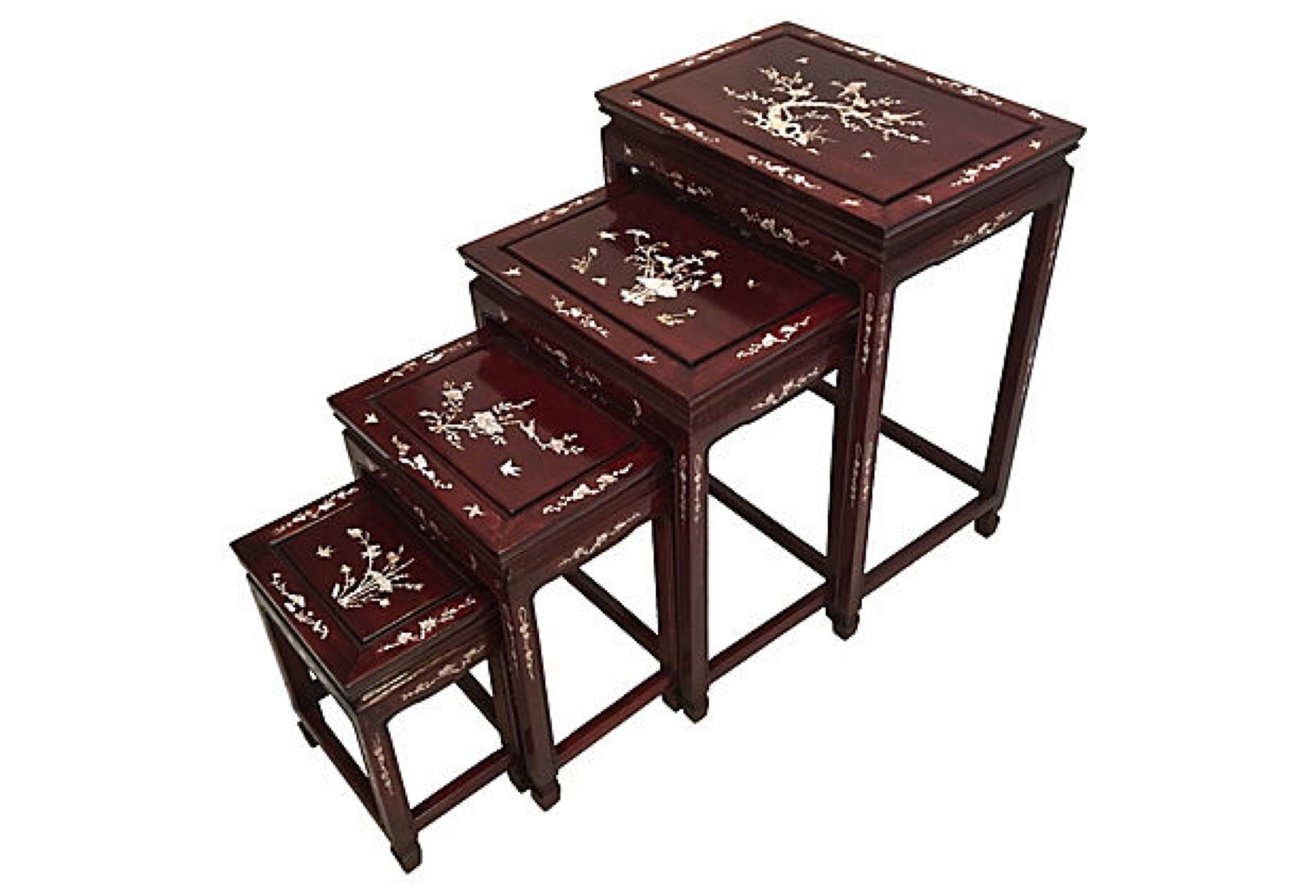 Chinese Rosewood Nesting Tables, S/4 Abalone Inlay