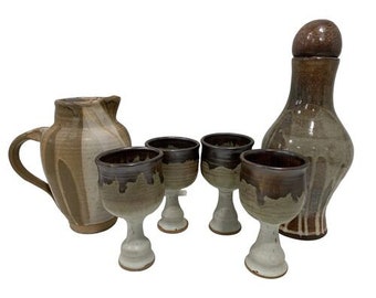 1970s Drip Glaze Drinkware Set, 7 Pieces