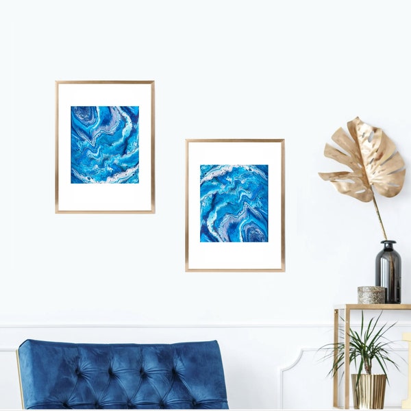 2 Stück Wandkunst, Zen Wandkunst, Kunstdruck Set, druckbare Kunst, marmorierte Malerei, Acrylmalerei an der Küste, Acrylic Pour Print
