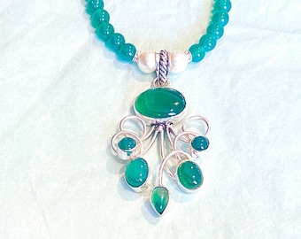 Green Onyx Necklace, Sterling Silver Green Onyx Pendant & Green Onyx Bead Beaded Necklace