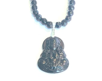 Black Jade Guanyin Bodhisattva Pendant Necklace, Carved Black Jade Pendant and Faceted Black Glass Bead Beaded Necklace