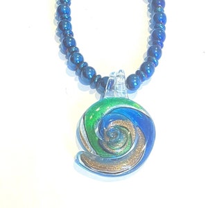 Blue & Green Lampwork Snail Glass Pendant Necklace, Blue Glass Bead Beaded Necklace