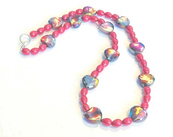 Marbled Red Millefiori Necklace, Red Millefiori Necklace, Red Glass Pearl Bead Beaded Necklace