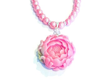 Pink Flower Pendant Necklace, Carved Flower Resin Pendant & Pink Textured Glass Bead Beaded Necklace