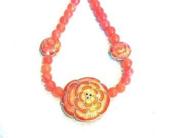 Orange Cloisonne Pendant Necklace, Orange Cloisonne Pendant and Orange Jade Bead Beaded Necklace