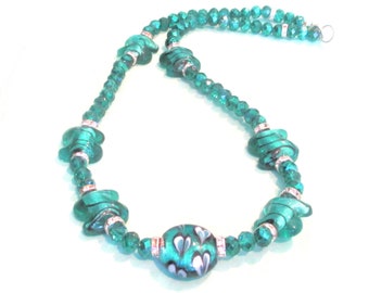 Teal Lampwork With Flower Centerpiece & Swirl Beads Necklace, Teal Glass Bead Beaded Necklace