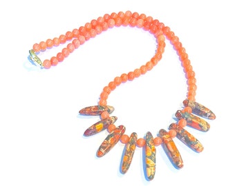 Orange Sea Sediment Jasper Necklace, Orange Fan or Bib Necklace and Orange Jade Bead Beaded Necklace