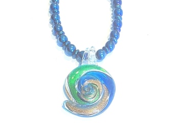 Blue Green Snail Lampwork Pendant Beaded Necklace
