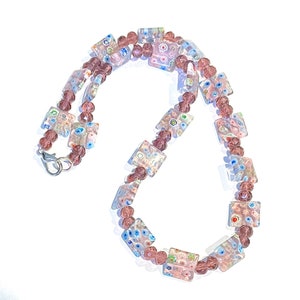 Purple Millefiori Necklace, Purple Square Millefiori or Flower Bead Necklace, Faceted Purple Glass Bead Beaded Necklace