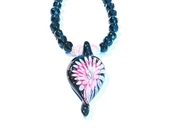 Lampwork Flower Pendant Necklace With Black and Pink Beads & Optional Earrings