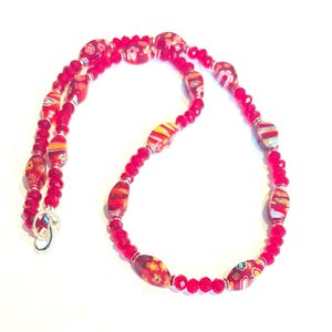 Red Millefiori Necklace, Red Millefiori Glass or Flower Bead Necklace, Faceted Red Glass Bead Beaded Necklace