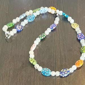 Multi-Colored Millefiori Necklace, Millefiori Ovals and Crackle Clear Glass Bead Beaded Necklace