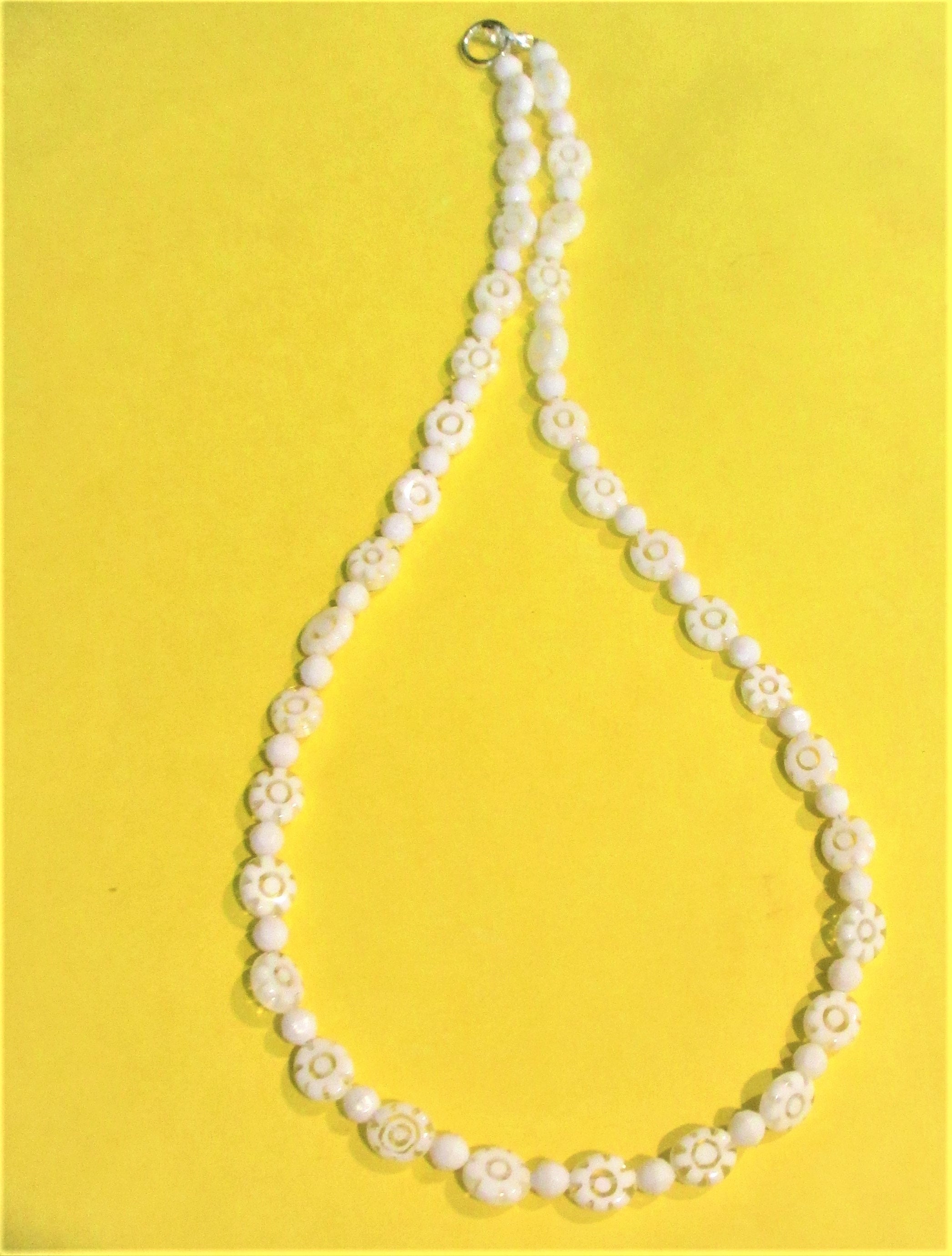 Millefiori Necklace, White & Clear Millefiori or Flower Bead Necklace, White Glass Bead Necklace