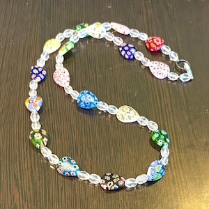 Millefiori Necklace, Millefiori Multi-Colored Waterfall Beads and Clear Oval Glass Bead Beaded Necklace