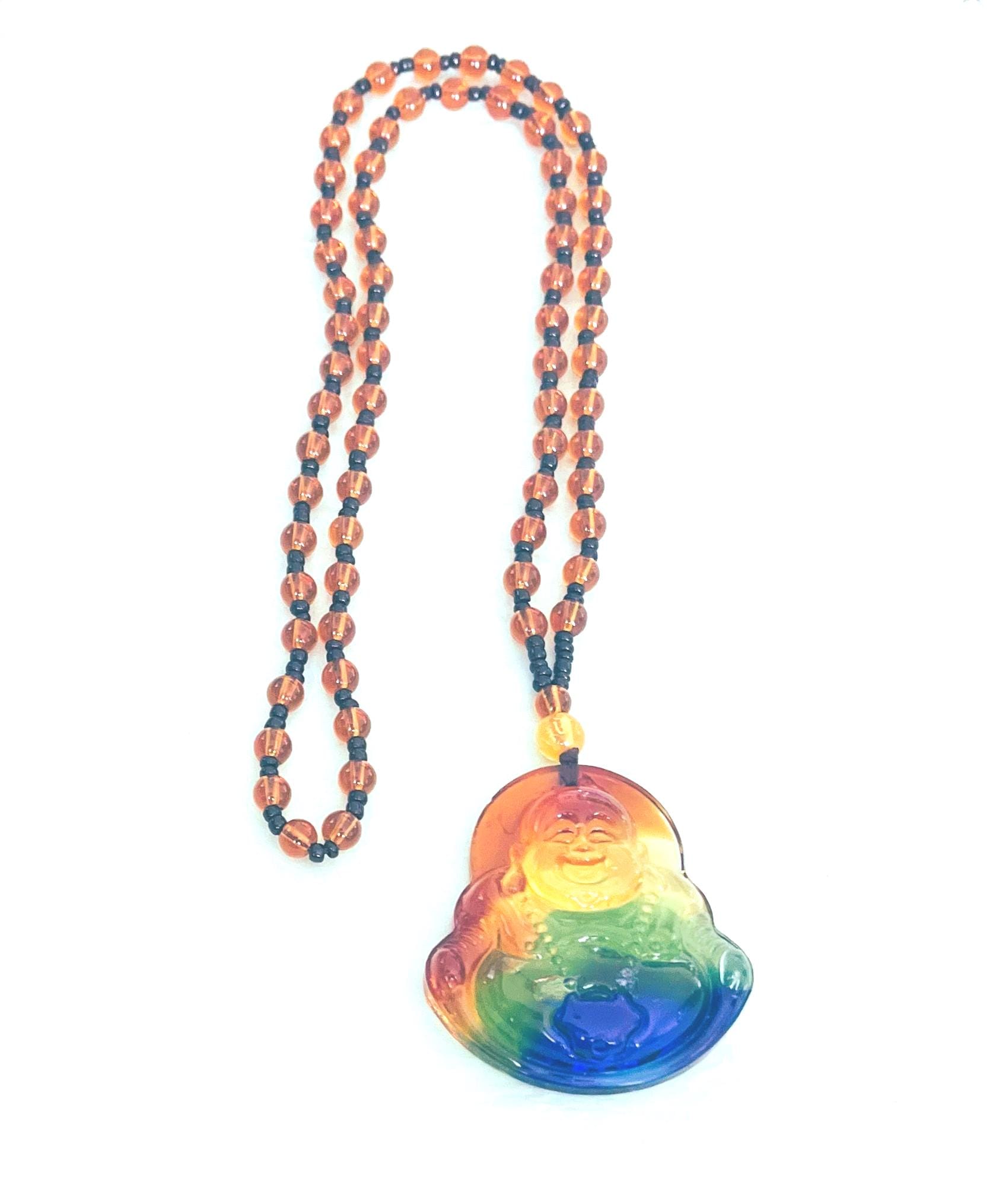 Collier Perles En Verre Marron Avec Pendentif Bouddha En Étain - Fait Main - Longueur 20 Pouces