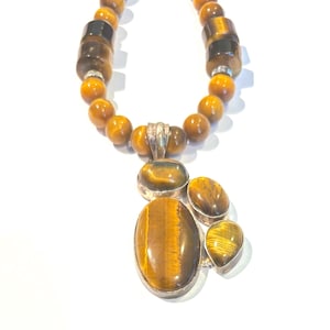 Tijgeroogketting, tijgerooghangerketting, sterlingzilveren tijgerooghanger en echte tijgeroogkraalkralenketting