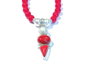 Red Coral & Pearl Sterling Silver Pendant Necklace With Matching Beads
