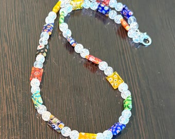 Collier Vintage Perles De Verre Baguettes Millefiori Motif Soleil - Ancien, Bon état D'usage