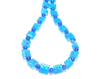 Blue Millefiori Square Necklace With Matching Glass Beads
