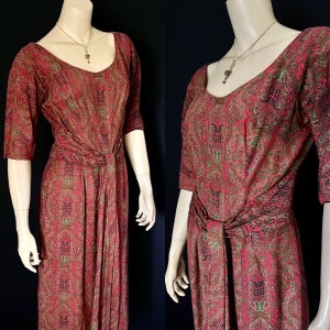 1950s Couture Quality Silk Day Dress, Red / Olive Green Paisley, Swagged Waist Treatment, Small - Medium