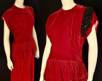 1940s -1950s Ruby Red Rayon Velvet 2 Piece Occasion Frock, Peplum, Black Beaded Trim, Sm-Med.
