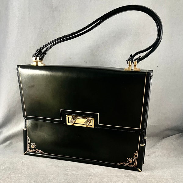 Elegant 1950s, 1960s Inky Black, Gold Trimmed Purse, Vibrant Red Leather lining, Many Pockets, 2 Zippered