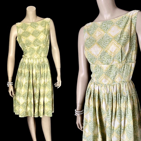 Adorable 1950s Cotton Summer Frock, Green & Yellow Print, Small, Petite, VLV, by Junior Vogue