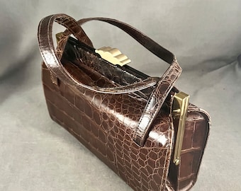 Besso Brown Pecan Crocodile embossed Leather Handbag Shoulder Bag Purse Medium Etsy
