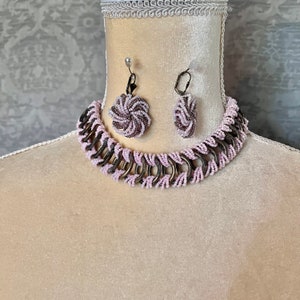 Odd, Chunky Hand Crafted  1930s, 1940s Beaded, Brass Necklace, Pale Pink, Patina, 16&quot;, Matching Earrings