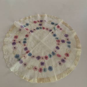 Charming Bucilla (?)  26" Round Embroidered Sheer Voile Piece, Lavender, baby Blue, Lace Edged