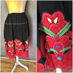1960s, 1970s Appliqued Cotton Skirt, Vibrant Red, Green, Blue on Black, Medium - Large, Excellent, Scalloped Hem