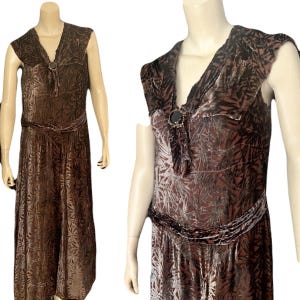Gorgeous Chocolate Brown 1930s Devore, Burn Out Silk Velvet Gown, Bamboo Pattern,  Small - Medium, Restored, As Presented