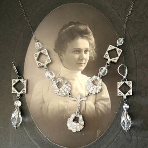 Lovely, Delicate 1920s, 1930s Necklace Set, Clear, Rhinestone, Gatsby Bridal, 20&quot; + 1&quot; Drop, Silver Toned, Sterling Chain