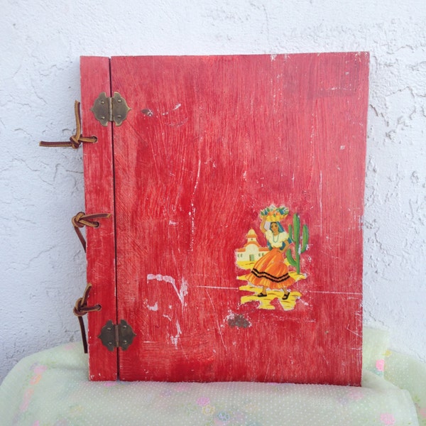 1950s RED Wooden, Wood Mexican Themed Photo Album, Scrapbook, Perfect for a Vintage Wedding Guest Book