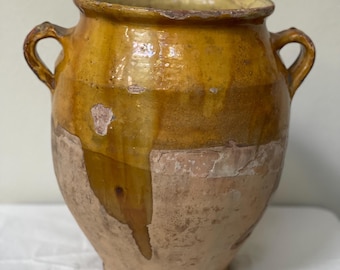 Antique confit pot with yellow glaze. 19th century France, terracotta
