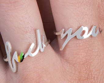 F@ck You MATURE Ring Sterling Silver or Gold Set, Mature ring with F#ck you words