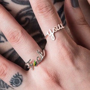 F@ck You Mature Ring Sterling Silver or Gold Set, Mature ring with F#ck you swear curse words jewelry