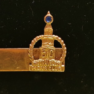 Vintage Gold with Sapphire Travelers 50th Anniversary Mens Club Tie Clasp