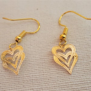 Gold Double Heart Dangle Earrings