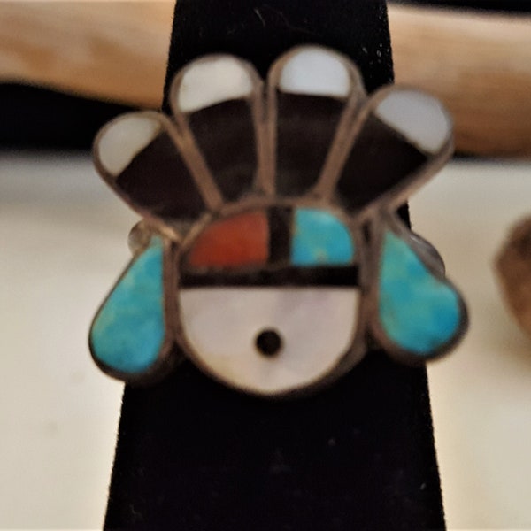 Vintage Estate Southwestern Zuni-like Headdress Ring Turquoise Mother of Pearl