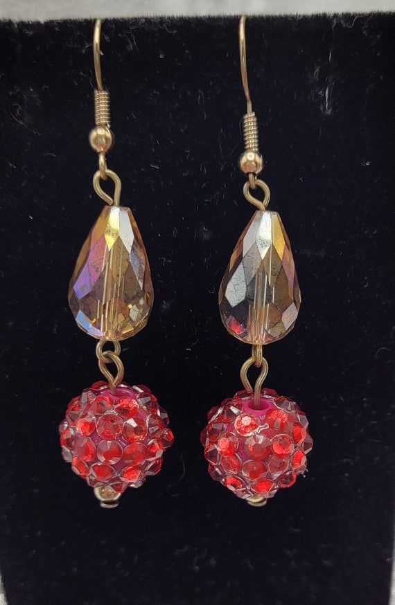 Garnet Red & Aurora Borealis Dangle Earrings