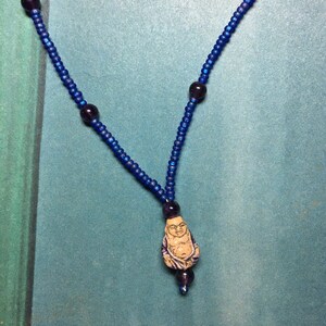Ceramic Buddha blue beaded necklace with Amethyst and a sterling silver clasp