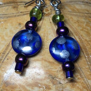 Blue Glass, Colorful, Bright Dangle Earrings with dots, sterling silver ear hooks