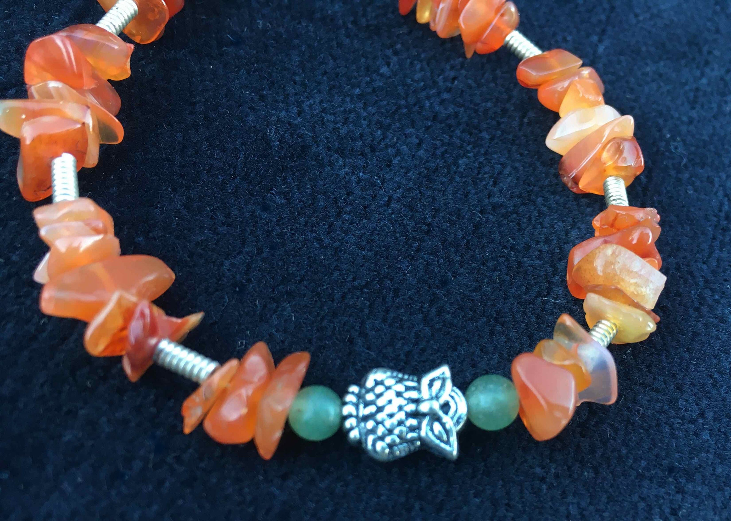 Owl bracelet with orange carnelian and green jade